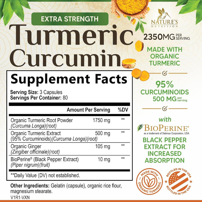 Turmeric Curcumin Supplement 1750mg with Organic Turmeric & Ginger, 95% Curcuminoids, BioPerine Black Pepper for Best Absorption, Nature's Vegan Joint Support, Non-GMO, Bottled in USA