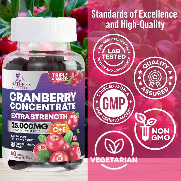 Cranberry Gummies - Urinary Tract Health Gummy + Vitamin C - 25,000mg - Triple Strength Cranberry Concentrate Extract Supplement Pills, Ultimate Potency, Non-GMO, Gluten Free