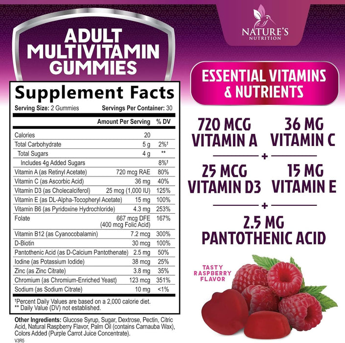 Multivitamin Gummies, Extra Strength Daily Gummy Vitamin & Antioxidant Supplement for Women & Men with Vitamins A, C, D, E, B-6, B-12 & Zinc for Immune Health Support, Non-GMO, Raspberry