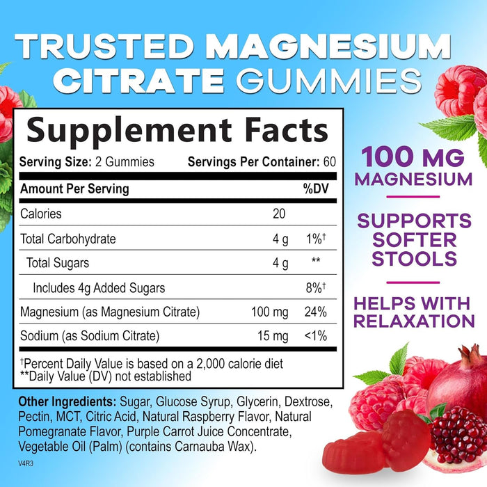 Magnesium Gummies, High Absorption 100mg - Natural Calm Relaxation and Stress Support for Adults and Kids - Gentle Chewable Magnesium Citrate Gummy