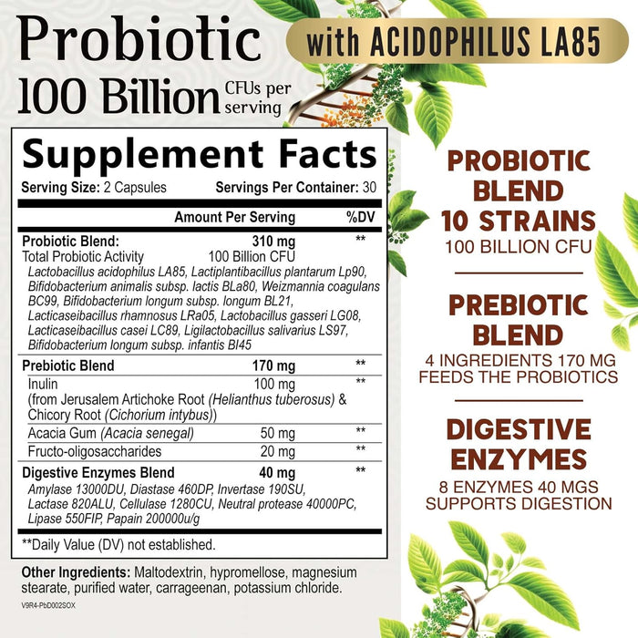 Probiotics for Women & Men - 100 Billion CFU 10 Strains + Prebiotics - Digestive Health, Gut & Immune Support - Support for Occasional Constipation, Gas & Bloating - Non-GMO Shelf Stable - 60 Capsules