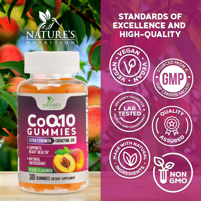 Nature's Nutrition CoQ10 Gummies 100mg – High Absorption Coenzyme Q10 Supplement for Heart Health, Energy & Antioxidant Support – Peach Flavor Gummy, Vegan, Non-GMO, Gluten Free – 30 Count