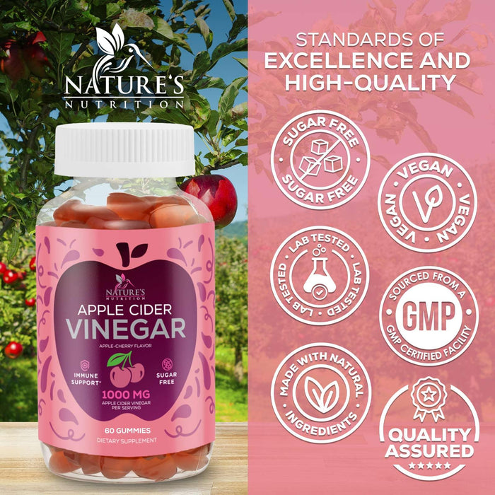 Vegan Apple Cider Vinegar Gummy 1000mg - Sugar Free ACV Gummies Vitamins Supplement with Vitamin B12 for Energy - Supports Digestion, Detox and Cleanse - Gelatin-Free, Non-GMO - 60 Gummies