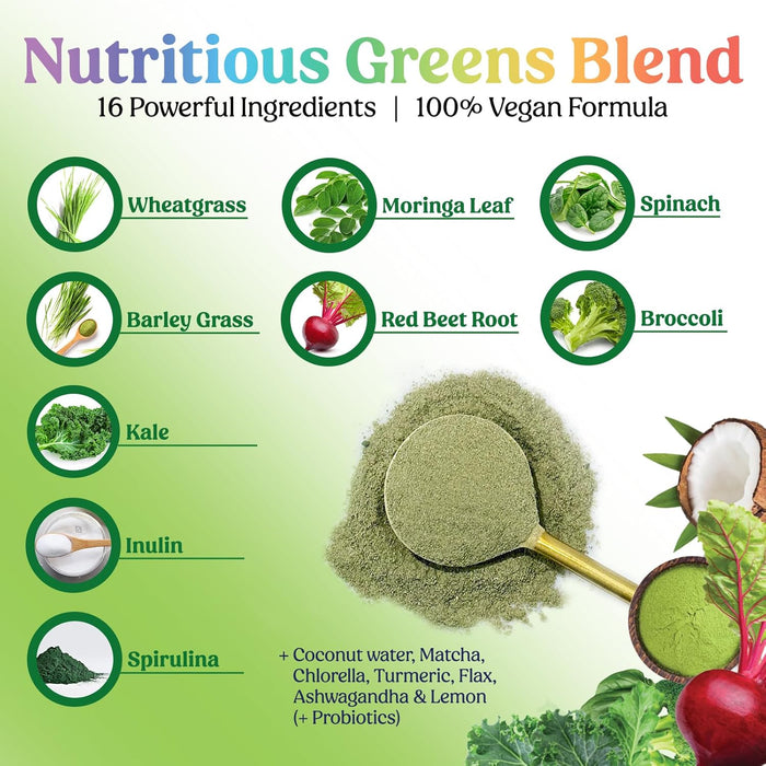 Organic Super Greens Powder Superfood - Original Organic Greens Superfood Smoothie Mix Powder, Antioxidants & Probiotics, Spirulina, Chlorella, Whole Foods, Digestive & Gut Health Support, 28 Servings