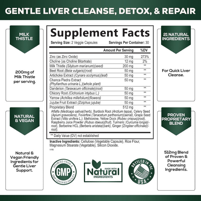 Liver Cleanse Detox & Repair Formula - Herbal Liver Support Supplement with Milk Thistle with Silymarin, Artichoke Extract, Dandelion, Beet, Chicory Root, & Turmeric for Liver Health