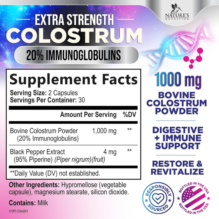 Colostrum For Women Supplement 1000mg 20% Immunoglobulins for Muscle, Skin & Hair Support - Gut Health Digestive & Immune Support - Bovine Colostrum Powder - Gluten Free & Unflavored