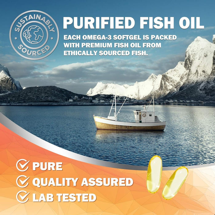 Omega 3 Fish Oil 2400 mg – Triple Strength EPA & DHA Fatty Acids for Heart, Brain & Joint Support – Wild-Caught, Burpless, Lemon Flavor Supplement – Natural, Non-GMO, Gluten-Free – 120 Softgels