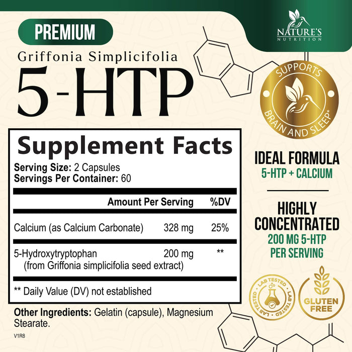 5 HTP Supplement Capsules 200 mg 5HTP Plus Calcium for Brain Support - Extra Strength 5-HTP - 5 Hydroxytryptophan - Premium, Natural, Gluten Free, and Non-GMO