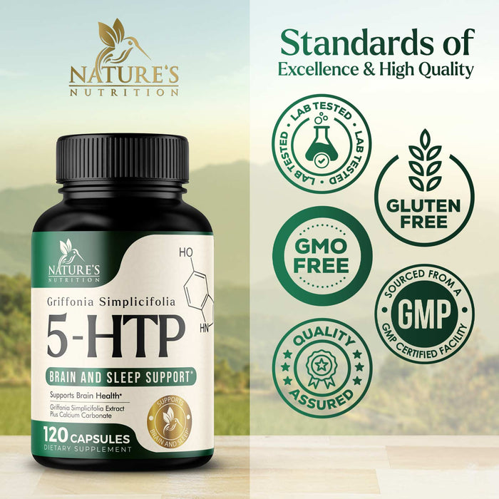 5 HTP Supplement Capsules 200 mg 5HTP Plus Calcium for Brain Support - Extra Strength 5-HTP - 5 Hydroxytryptophan - Premium, Natural, Gluten Free, and Non-GMO