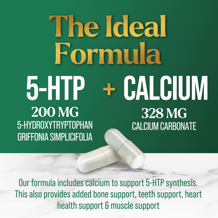 5 HTP Supplement Capsules 200 mg 5HTP Plus Calcium for Brain Support - Extra Strength 5-HTP - 5 Hydroxytryptophan - Premium, Natural, Gluten Free, and Non-GMO