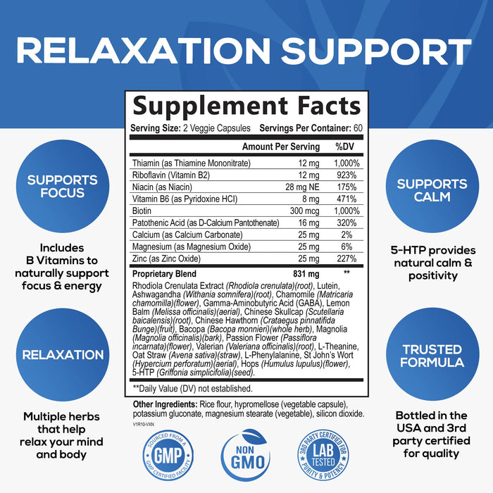 Nature's Nutrition Calm & Stress Support Supplement - with Magnesium, Ashwagandha, 5-HTP, L-Theanine, GABA - Natural Stress & Immune Support to Relax, Focus, Unwind - Vegan & Non-GMO