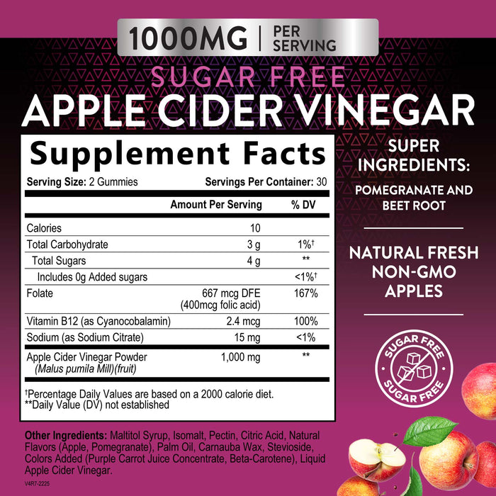 Nature's Nutrition Apple Vinegar Gummy for Weight Loss 1000mg - Vegan Apple Cider Vinegar Gummies for Detox & Cleanse, ACV Supplement Pills, Vitamin B12, Beetroot & Pomegranate, Non-GMO