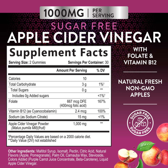 Nature's Nutrition Apple Vinegar Gummy for Weight Loss 1000mg - Vegan Apple Cider Vinegar Gummies for Detox & Cleanse, ACV Supplement Pills, Vitamin B12, Beetroot & Pomegranate, Non-GMO