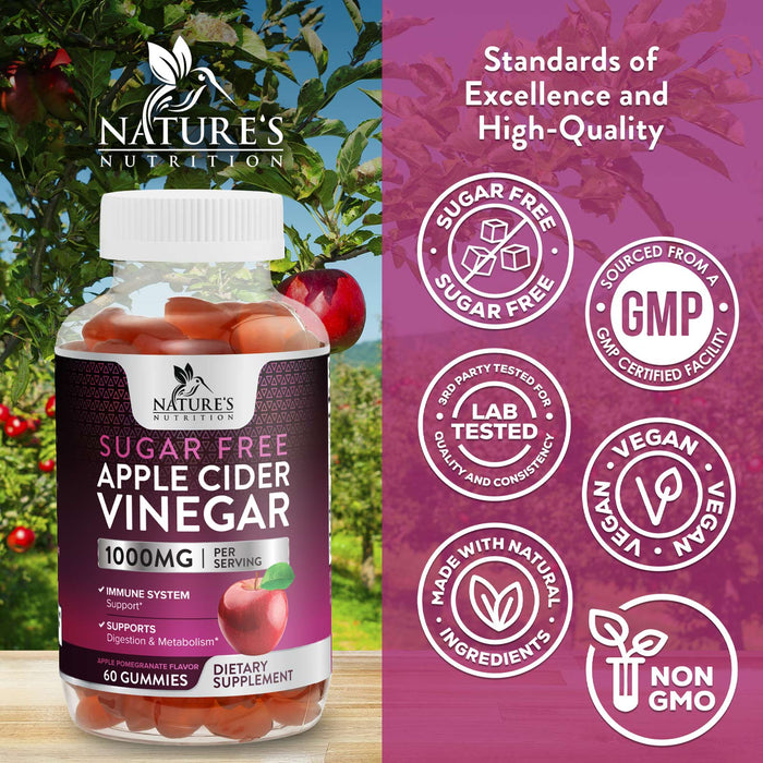 Nature's Nutrition Apple Vinegar Gummy for Weight Loss 1000mg - Vegan Apple Cider Vinegar Gummies for Detox & Cleanse, ACV Supplement Pills, Vitamin B12, Beetroot & Pomegranate, Non-GMO