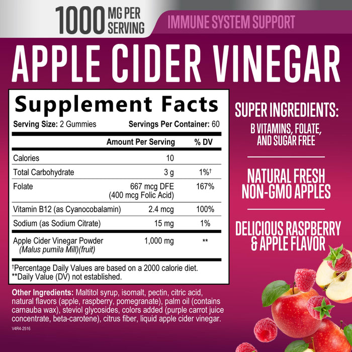 Vegan Apple Cider Vinegar Gummies 1000mg for Detox and Cleanse, Nature's ACV Gummy Vitamins B12 Supplement for Digestion, Natural Apple Raspberry Flavor, Non-GMO, Gluten Free for Adults