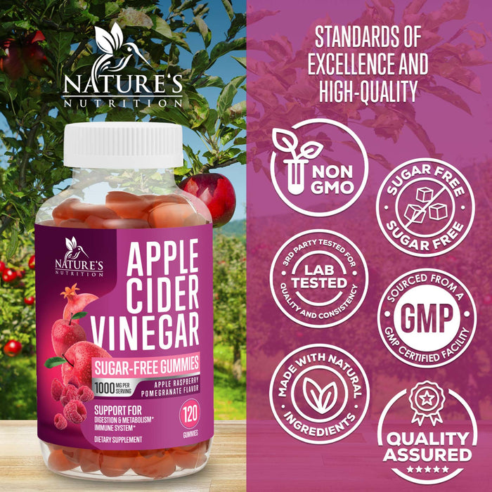 Vegan Apple Cider Vinegar Gummies 1000mg for Detox and Cleanse, Nature's ACV Gummy Vitamins B12 Supplement for Digestion, Natural Apple Raspberry Flavor, Non-GMO, Gluten Free for Adults