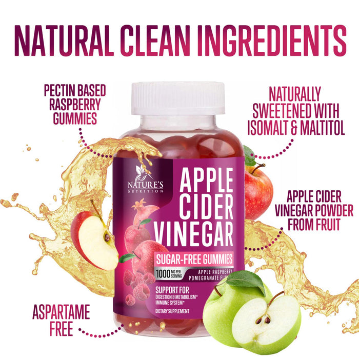 Vegan Apple Cider Vinegar Gummies 1000mg for Detox and Cleanse, Nature's ACV Gummy Vitamins B12 Supplement for Digestion, Natural Apple Raspberry Flavor, Non-GMO, Gluten Free for Adults