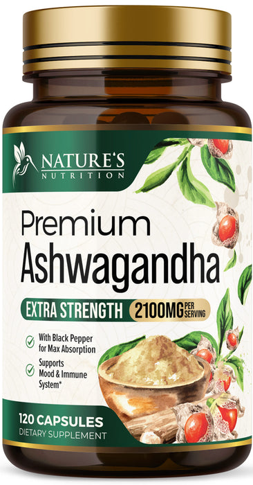 Nature's Nutrition Organic Ashwagandha Capsules Extra Strength 1950mg - Stress Support Formula - Natural Mood Support - Focus & Energy Support Supplement