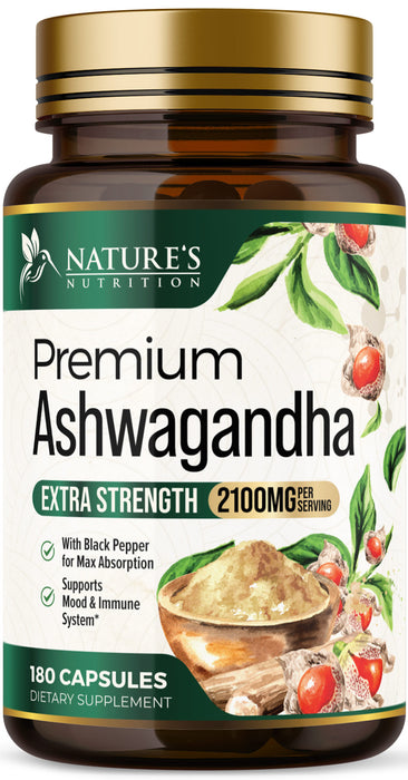 Nature's Nutrition Organic Ashwagandha Capsules Extra Strength 1950mg - Stress Support Formula - Natural Mood Support - Focus & Energy Support Supplement