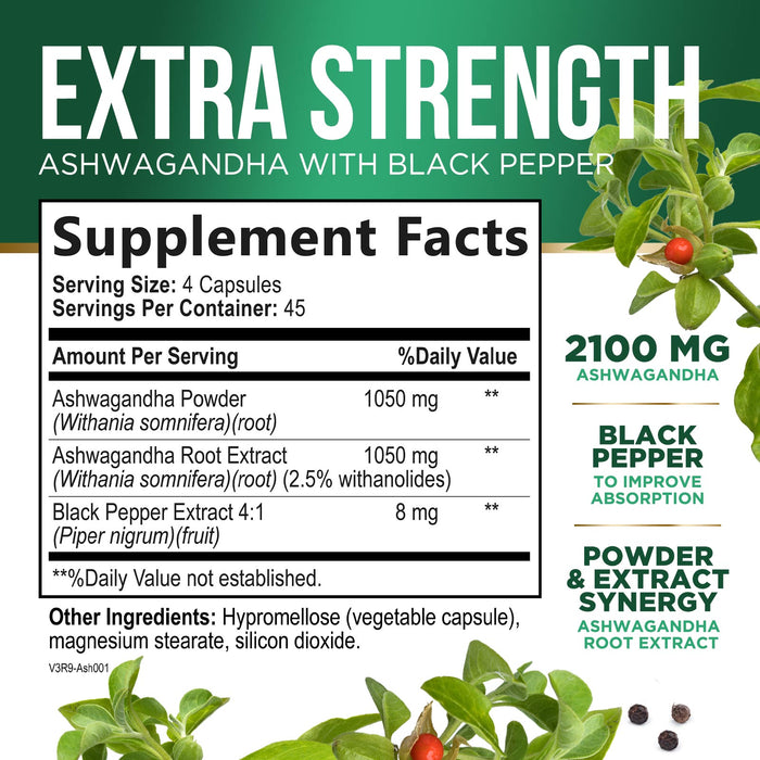 Nature's Nutrition Organic Ashwagandha Capsules Extra Strength 1950mg - Stress Support Formula - Natural Mood Support - Focus & Energy Support Supplement