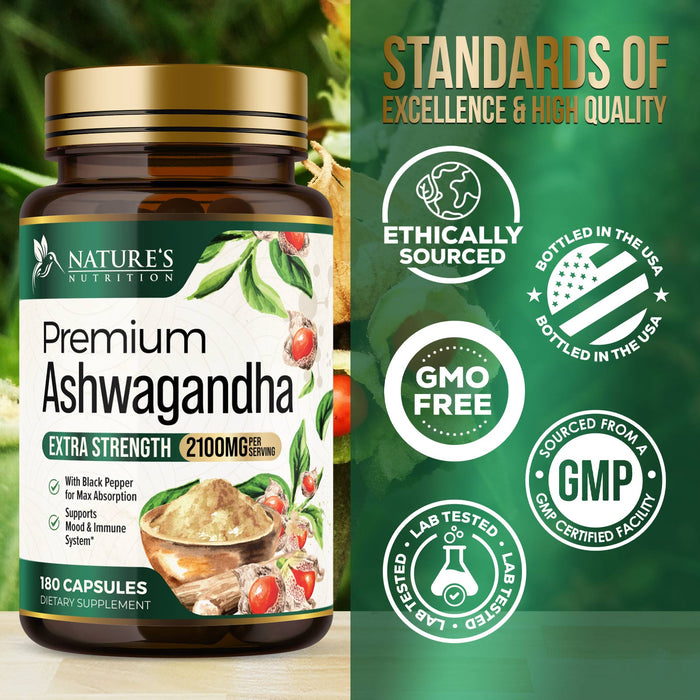 Nature's Nutrition Organic Ashwagandha Capsules Extra Strength 1950mg - Stress Support Formula - Natural Mood Support - Focus & Energy Support Supplement