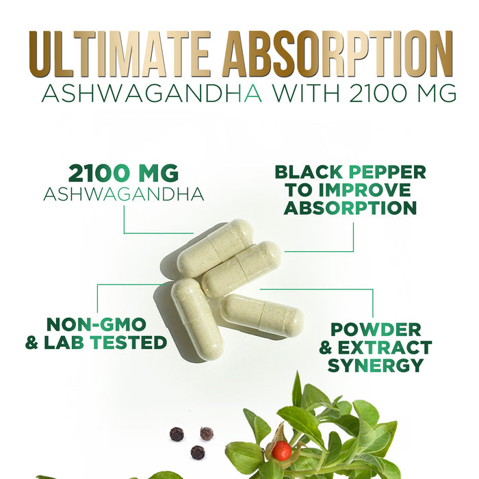 Nature's Nutrition Organic Ashwagandha Capsules Extra Strength 1950mg - Stress Support Formula - Natural Mood Support - Focus & Energy Support Supplement