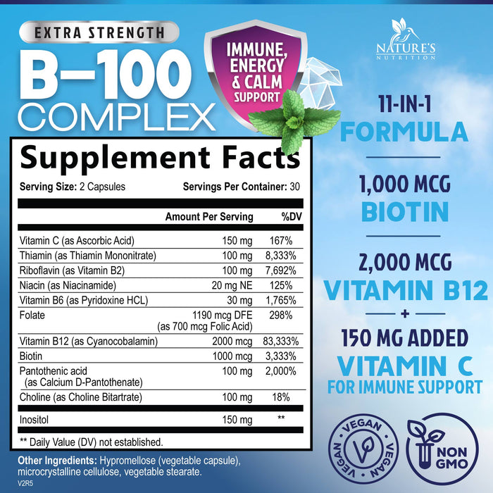 B Complex Vitamins with Vitamin C & Folic Acid - Dietary Supplement for Energy, Immune, & Brain Support - Nature's Super B Vitamin Complex for Women and Men, Made with Folate