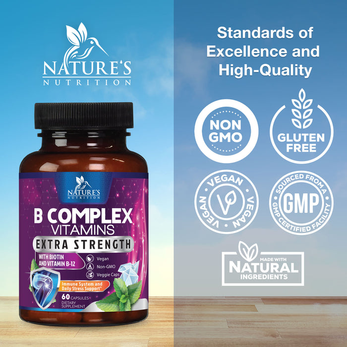 B Complex Vitamins Capsules with Vitamin B6 B12 B100 C Biotin Folate & Folic Acid - Supplement for Heart, Brain, & Nerve Support - Super Complete B-Complex for Immune & Energy Support - 60 Capsules