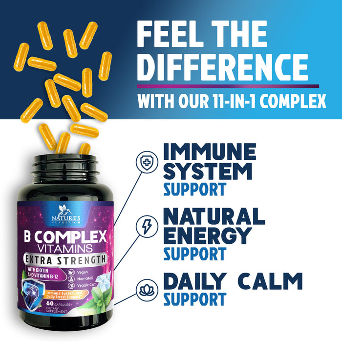 B Complex Vitamins Capsules with Vitamin B6 B12 B100 C Biotin Folate & Folic Acid - Supplement for Heart, Brain, & Nerve Support - Super Complete B-Complex for Immune & Energy Support - 60 Capsules