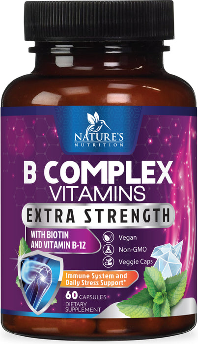 B Complex Vitamins Capsules with Vitamin B6 B12 B100 C Biotin Folate & Folic Acid - Supplement for Heart, Brain, & Nerve Support - Super Complete B-Complex for Immune & Energy Support - 60 Capsules