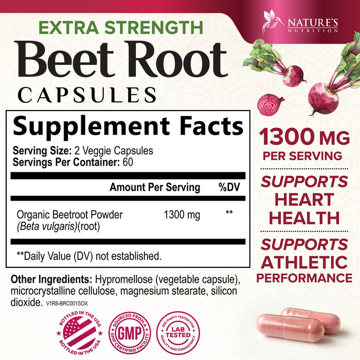 Beet Root Capsules 1300mg - Extra Strength Red Beetroot Powder Supplement – Supports Nitric Oxide Production, Heart Health & Natural Energy – Non-GMO, Vegan, Gluten Free – 120 Veggie Capsules