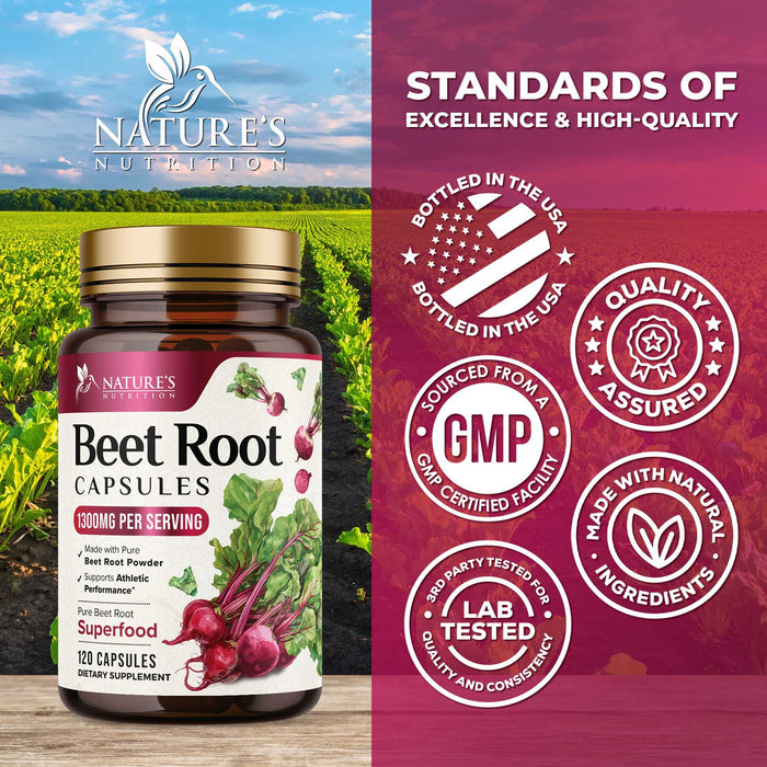 Beet Root Capsules 1300mg - Extra Strength Red Beetroot Powder Supplement – Supports Nitric Oxide Production, Heart Health & Natural Energy – Non-GMO, Vegan, Gluten Free – 120 Veggie Capsules