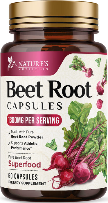 Beet Root Capsules 1300mg - Extra Strength Red Beetroot Powder Supplement – Supports Nitric Oxide Production, Heart Health & Natural Energy – Non-GMO, Vegan, Gluten Free – 60 Veggie Capsules