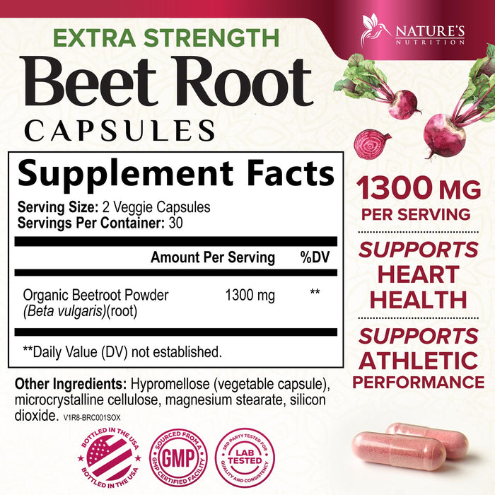 Beet Root Capsules 1300mg - Extra Strength Red Beetroot Powder Supplement – Supports Nitric Oxide Production, Heart Health & Natural Energy – Non-GMO, Vegan, Gluten Free – 60 Veggie Capsules