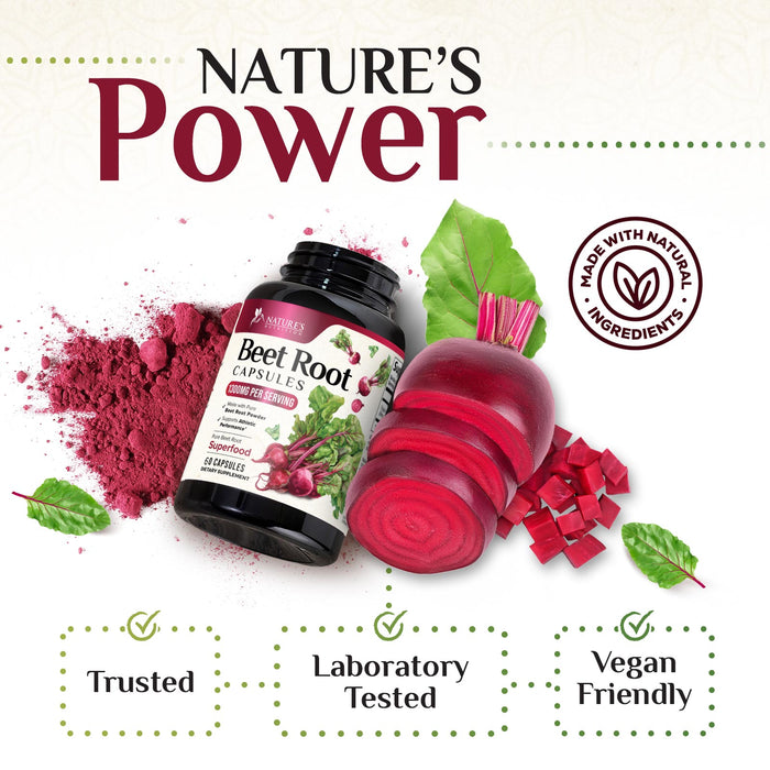 Beet Root Capsules 1300mg - Extra Strength Red Beetroot Powder Supplement – Supports Nitric Oxide Production, Heart Health & Natural Energy – Non-GMO, Vegan, Gluten Free – 60 Veggie Capsules
