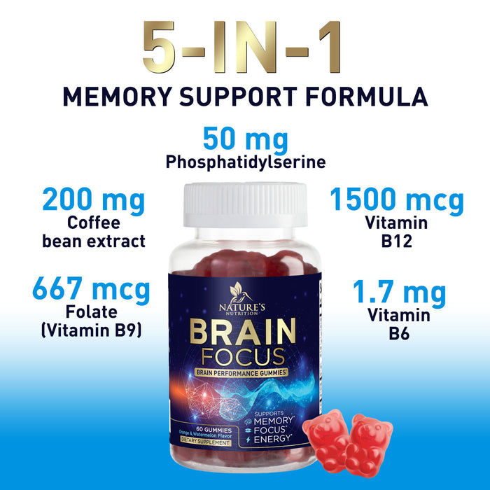 Brain Supplement Gummies for Focus & Memory Support - Nootropic Brain Vitamin Gummy to Support Concentration, Brain Health & Energy with B12, Phosphatidylserine, Brain Memory Supplements - 60 Gummies