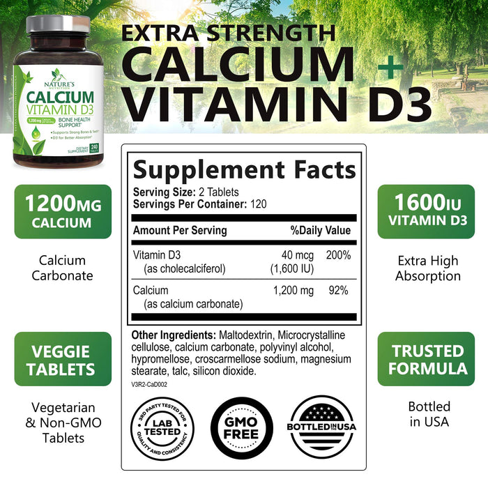 Calcium 1200 mg Plus Vitamin D3, Bone Health & Immune Support - Nature's Calcium Supplement with Extra Strength Vitamin D for Extra Strength Carbonate Absorption Dietary Supplement