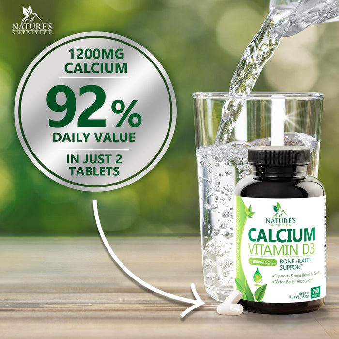 Calcium 1200 mg Plus Vitamin D3, Bone Health & Immune Support - Nature's Calcium Supplement with Extra Strength Vitamin D for Extra Strength Carbonate Absorption Dietary Supplement