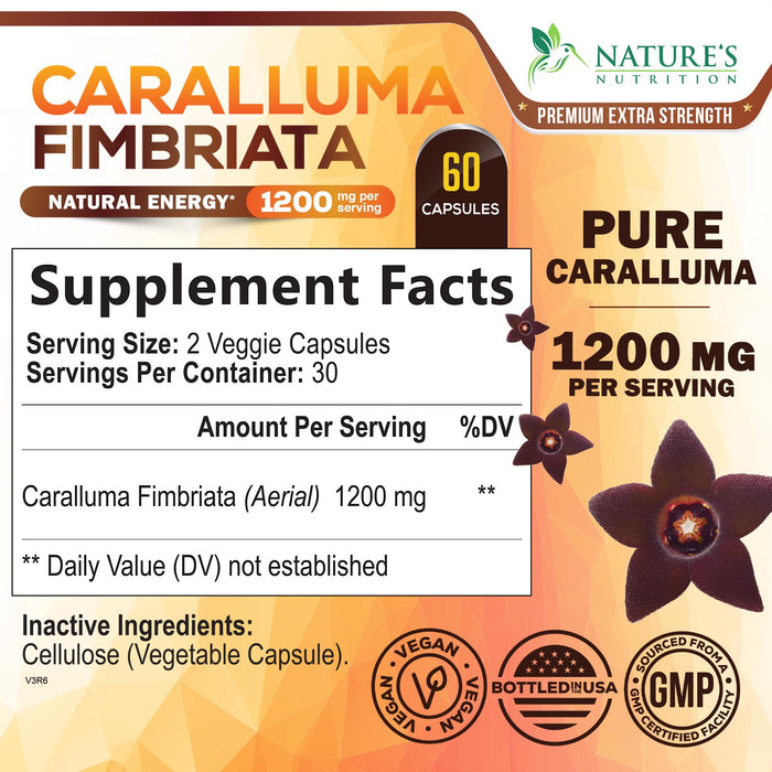 Pure Caralluma Fimbriata Extract Highly Concentrated 1200mg - Natural Caralluma Fimbriata Capsules Endurance Support, Best Vegan Supplement for Men & Women, Non-GMO