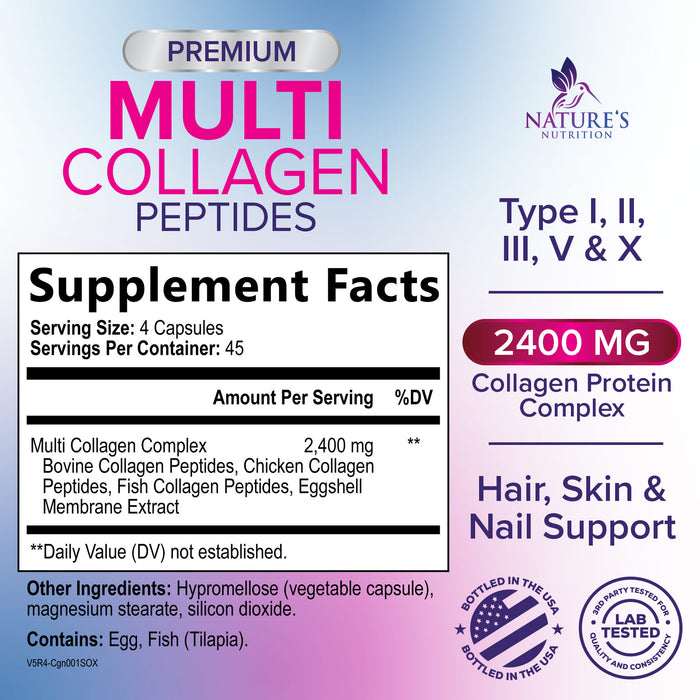 Collagen for Women & Men - Type I, II, III, V, X Collagen PillsComplex, Grass Fed Non-GMO, Nature's Hydrolyzed Multi Collagen Peptides Supplement, Hair, Skin, Nail, Joint Health Support