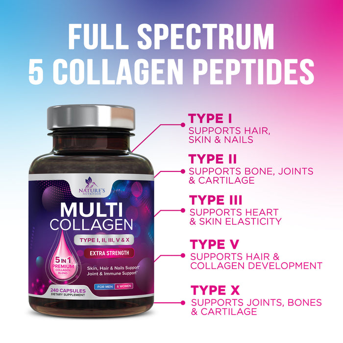 Collagen for Women & Men - Type I, II, III, V, X Collagen PillsComplex, Grass Fed Non-GMO, Nature's Hydrolyzed Multi Collagen Peptides Supplement, Hair, Skin, Nail, Joint Health Support