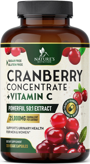 Cranberry Extract Pills + Vitamin C (25,000mg Formula) - Natural Urinary Tract Health Support with Cranberry Supplement for Women & Men - Nature's, NON-GMO, Gluten Free