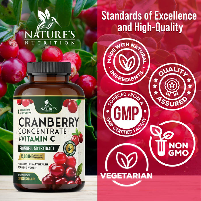 Cranberry Extract Pills + Vitamin C (25,000mg Formula) - Natural Urinary Tract Health Support with Cranberry Supplement for Women & Men - Nature's, NON-GMO, Gluten Free