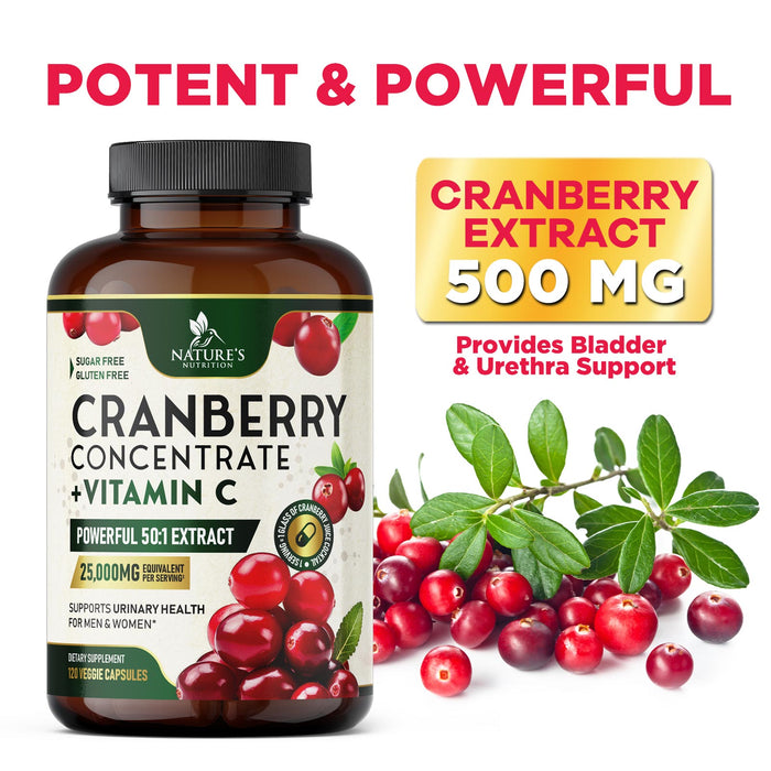 Cranberry Extract Pills + Vitamin C (25,000mg Formula) - Natural Urinary Tract Health Support with Cranberry Supplement for Women & Men - Nature's, NON-GMO, Gluten Free