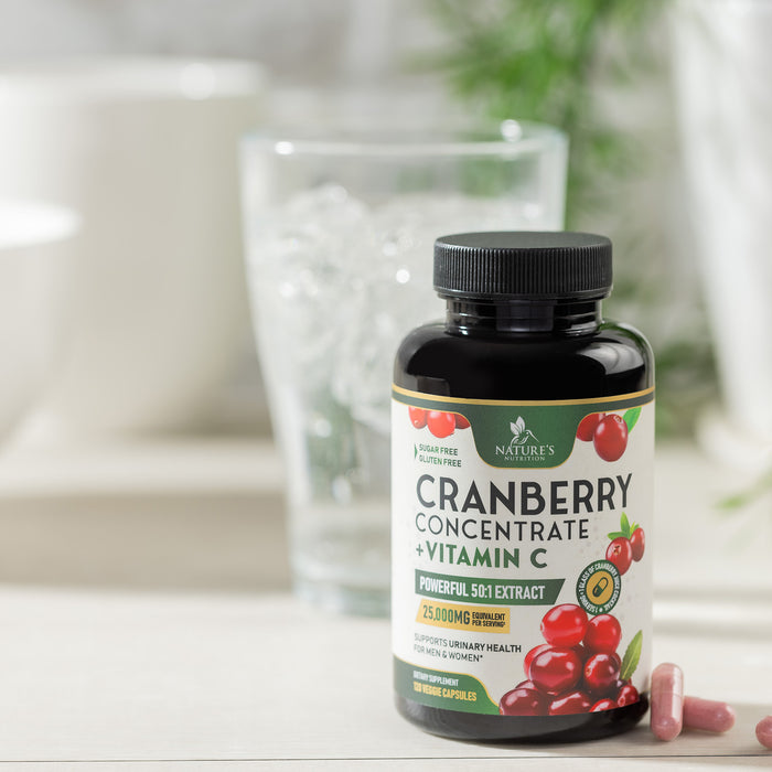 Cranberry Extract Pills + Vitamin C (25,000mg Formula) - Natural Urinary Tract Health Support with Cranberry Supplement for Women & Men - Nature's, NON-GMO, Gluten Free