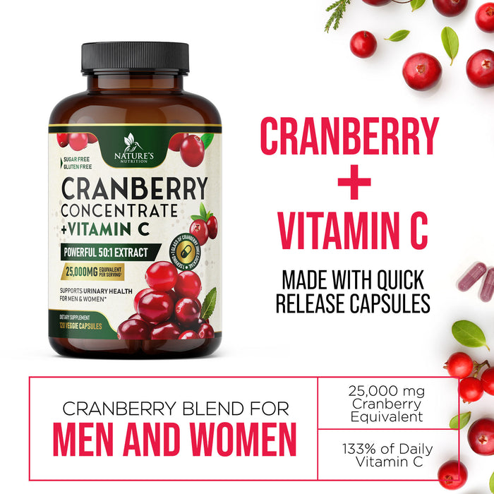 Cranberry Extract Pills + Vitamin C (25,000mg Formula) - Natural Urinary Tract Health Support with Cranberry Supplement for Women & Men - Nature's, NON-GMO, Gluten Free