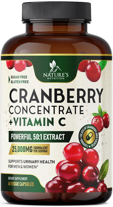 Cranberry Extract Pills + Vitamin C (25,000mg Formula) - Natural Urinary Tract Health Support with Cranberry Supplement for Women & Men - Nature's, NON-GMO, Gluten Free