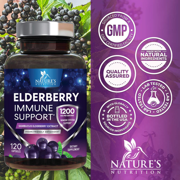 Elderberry Immune Support 10:1 Extract Capsules - Daily Immune Support Supplement for Adults, Natural Sambucus Black Elderberry Vitamins, Vegetarian Vitamin, Gluten Free