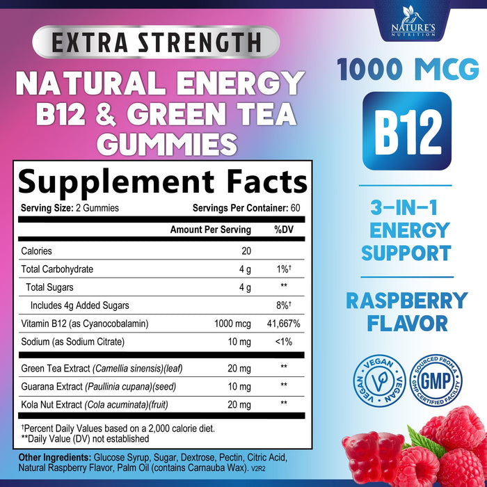 Energy Gummies 1000 mcg Vitamin B12, Green Tea Natural Caffeine Support, Daily Energy Gummies Vitamins, Delicious Berry Flavor B12 Chewable Exercise Supplement for Running Cycling & Sports - 120 Chews