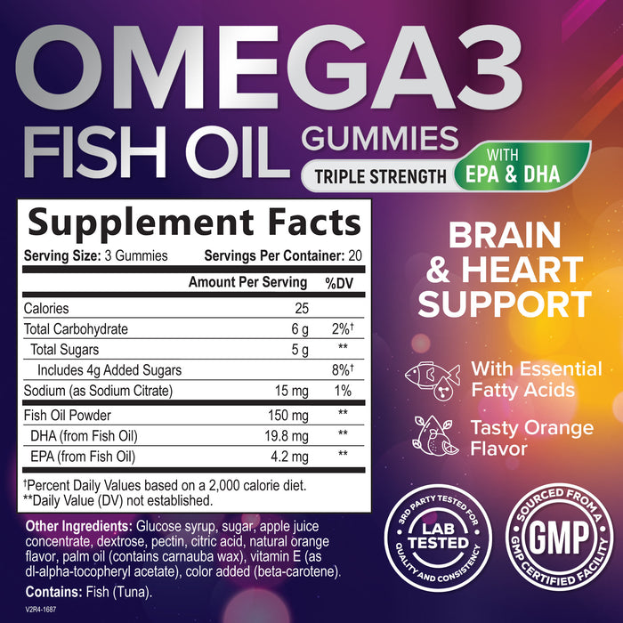 Omega 3 Fish Oil Gummies for Adults, Heart Healthy Omega 3 Supplement Gummies with DHA & EPA, Extra Strength Joint & Brain Support Omega3 Fish Oil Gummy Vitamin, Orange Flavor